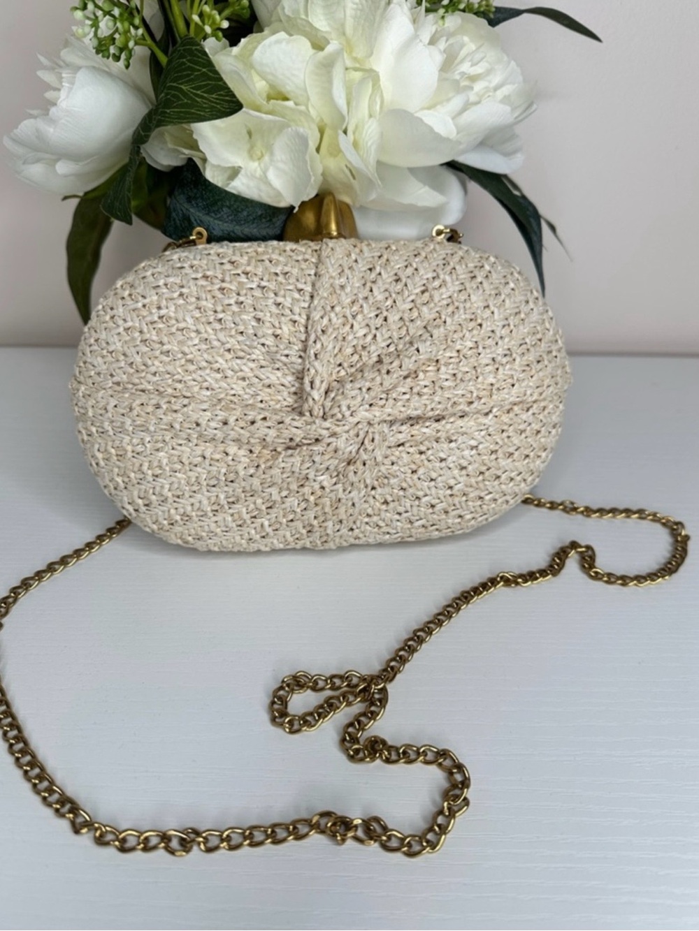 Haute Hippie Straw Clutch Bag Gold Chain